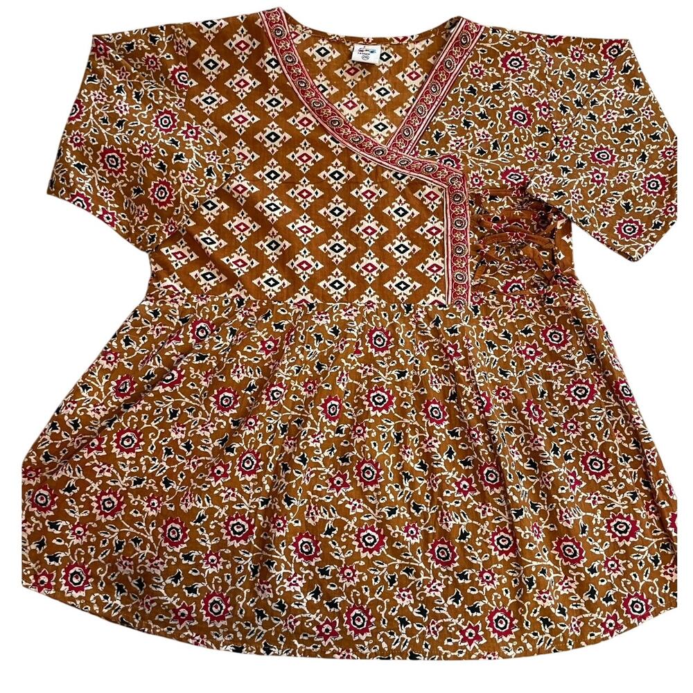 VTG SPY Fashion Brown Bohemian Printed Lace Up 3/4 Sleeve Babydoll Blouse 2XL